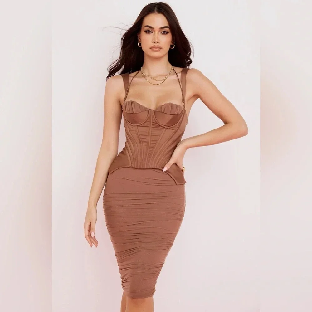 House of CB Talya Toffee Corset Midi Dress Brown